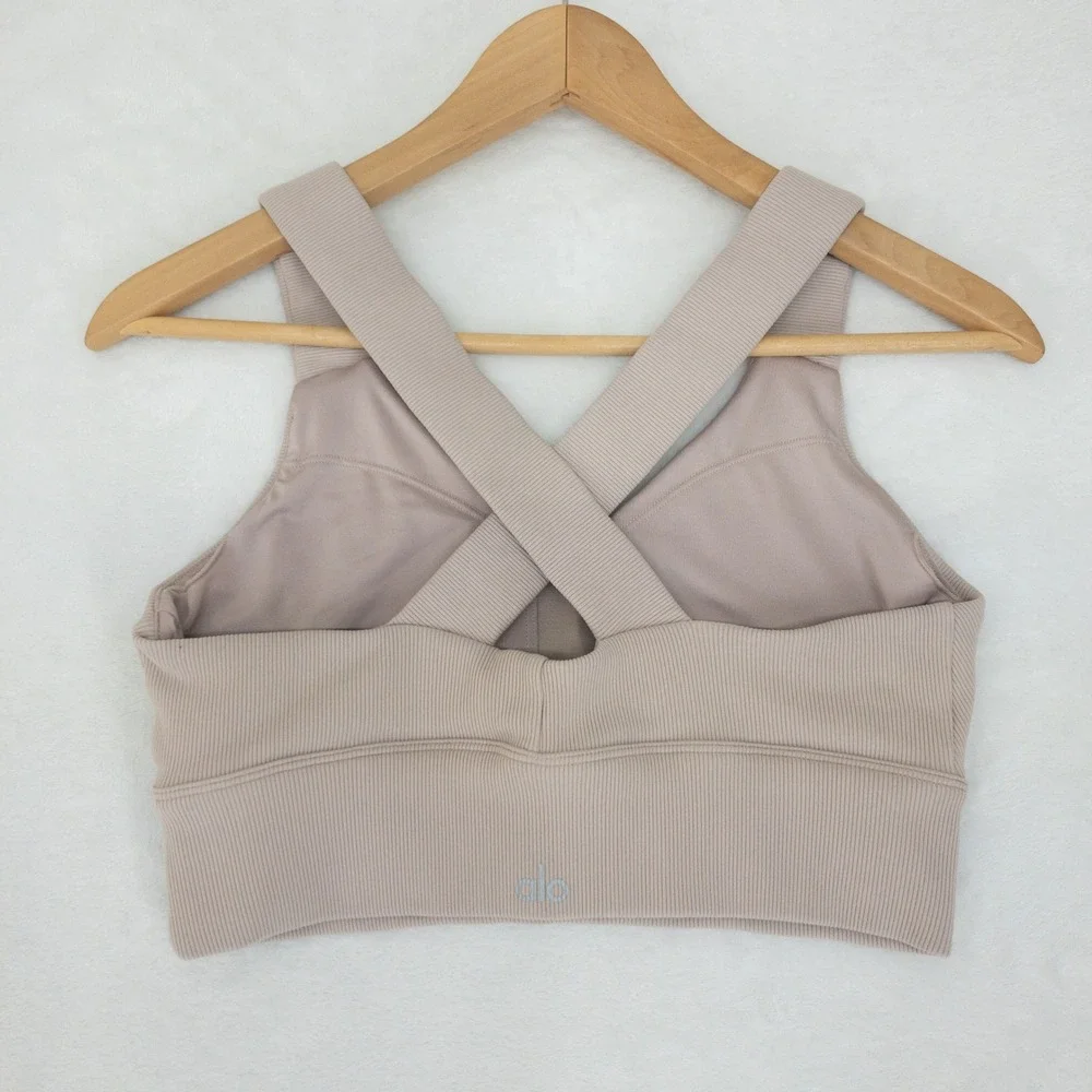 NO PADS Alo Yoga Sports Bra Womens Medium Taupe Ribbed Cross Activewear Emulate